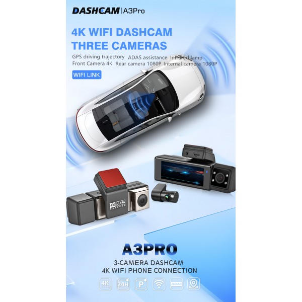 A3 4K+2K+2K Triple GPS WiFi Mobile 24H Parking Dashcam